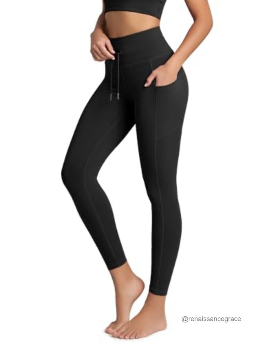 High Waist Drawstring Tie Leggings 28" Inseam Yoga Pants with Pockets
